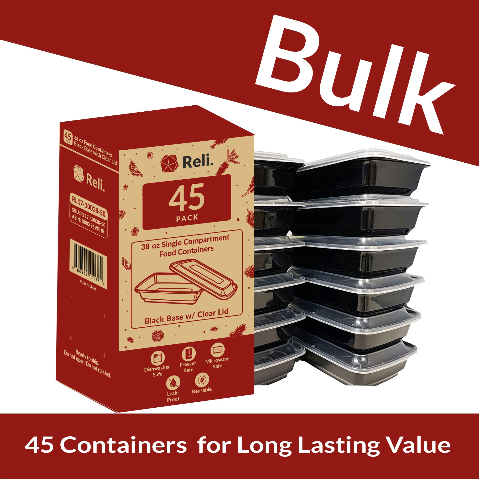 Reli. Meal Prep Containers, 38 Oz. | 45 Pack | Large 1 Compartment Food Container W/Clear Lids | Microwavable Food Storage Conta